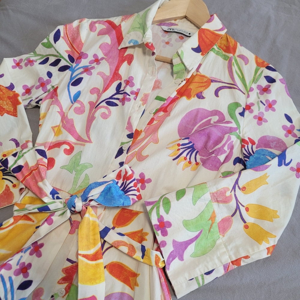Zara Floral Midi Shirt Dress Long Sleeve Size S Tie Belt Watercolor Flowers - Picture 12 of 14